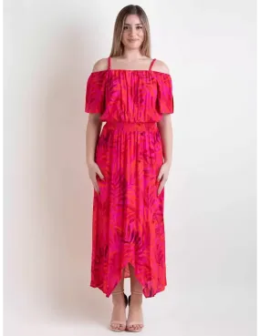 Abito midi omerale fantasia tropicale fucsia e rosso Paz Torras